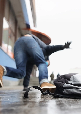 Man appears to be slipping or kneeling, touching the floor, with his bag lying nearby